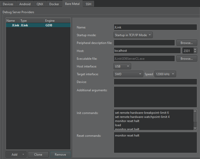 {J-Link in the Bare Metal tab in Devices preferences}