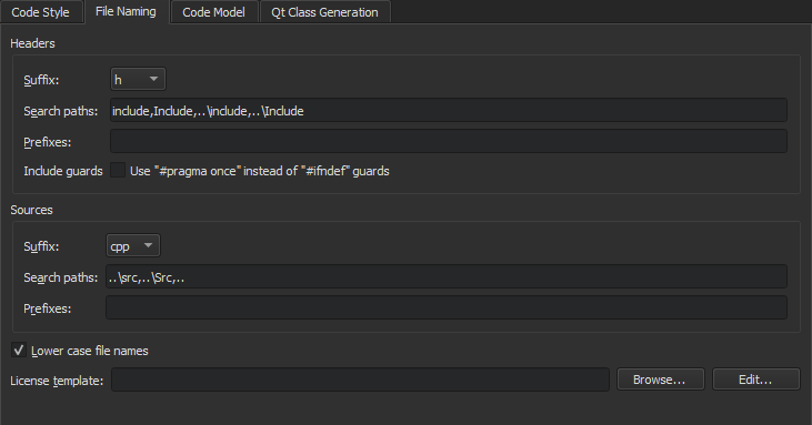 {File Naming tab in C++ preferences}