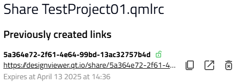 Generated link after sharing the application from Qt Design Viewer