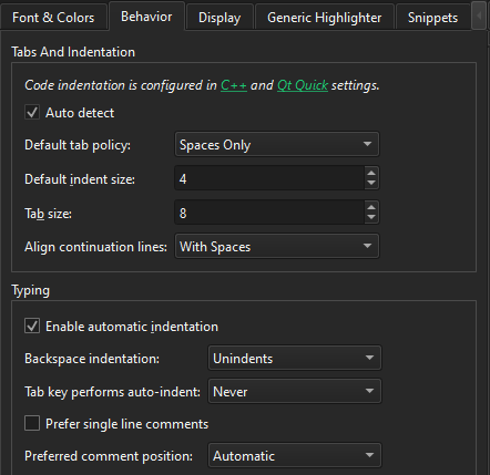 Text Editor Behavior indentation preferences