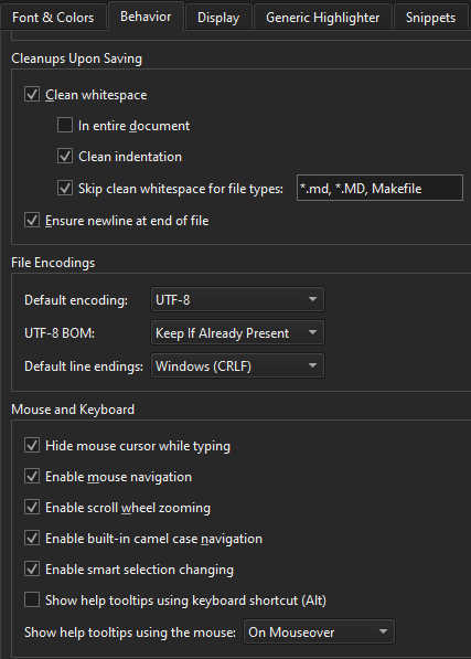 Text Editor Behavior preferences
